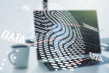 Multi exposure of abstract fingerprint scan interface on computer background, digital access concept