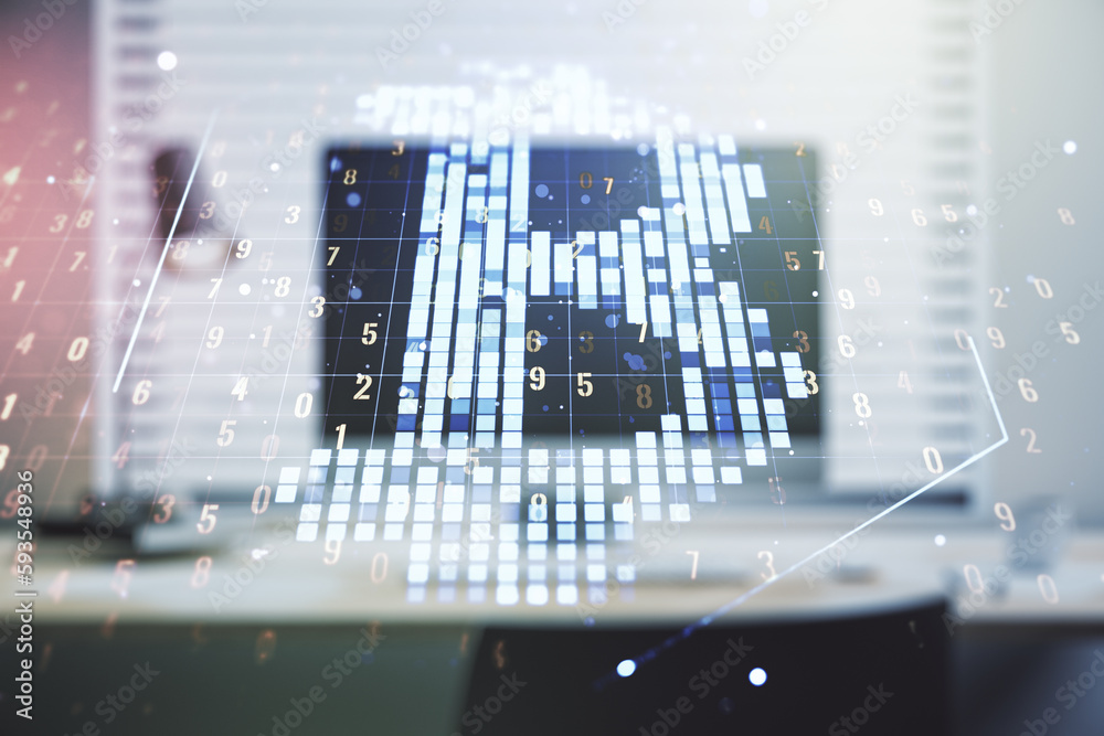 Poster Double exposure of creative Bitcoin symbol hologram with computer on background. Mining and blockchain concept