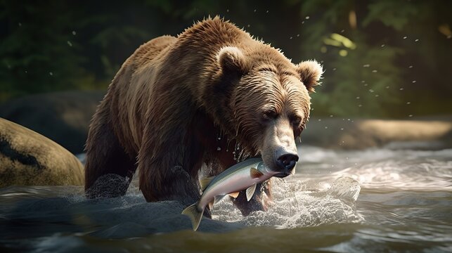 Generative ai brown bear catching salmon fish
