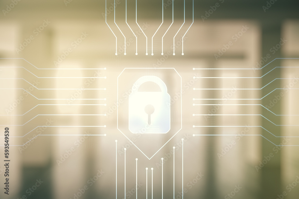 Poster virtual creative lock sketch with chip hologram on empty classroom background, protection of persona
