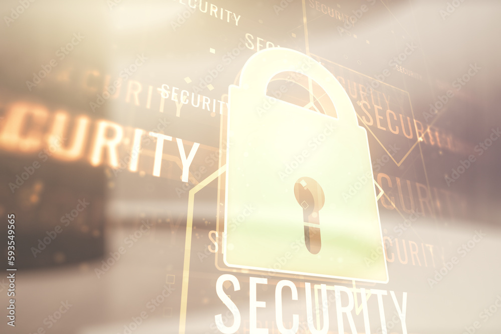 Poster virtual creative lock sketch with chip hologram on empty classroom background, protection of persona
