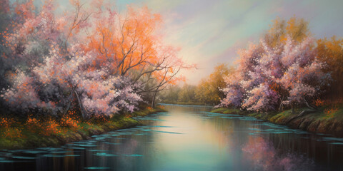 Springtime Bliss: A Magnificent Painting of Pink Blossoming Trees Along a River in Full Color Splendor