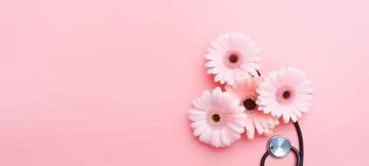 Cute bouquet of flowers, medical stethoscope, pink background. Festive composition for Doctor's Nurse's Day