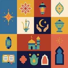 Ramadan Kareem Flat Square Icons. Vector Illustration of Religious Islam Arabic Concept.