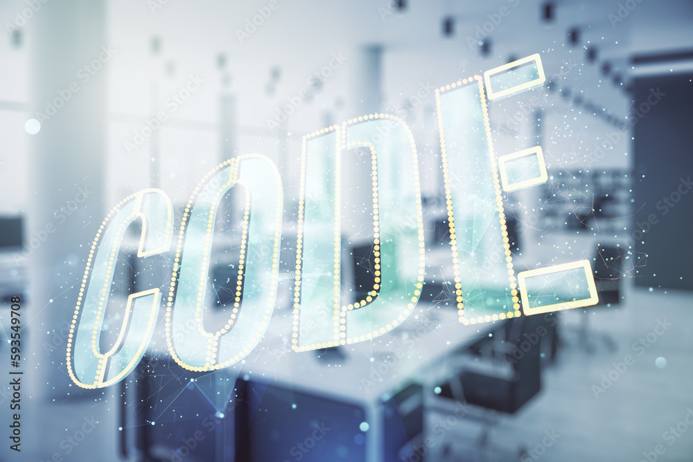 Poster code word hologram on modern corporate office background, artificial intelligence and neural network