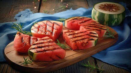 Grilled watermelon on a wooden board with a blue napkin, generative ai