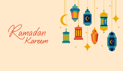 Ramadan Kareem Flat Web Banner. Vector Illustration of Religious Islam Arabic Concept.