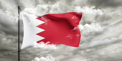 Bahrain national flag cloth fabric waving on beautiful sky grey Background.
