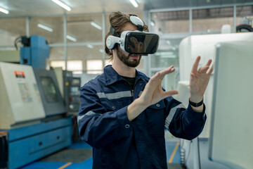 Engineer are using virtual AR to maintain and check the work of CNC machine in the 4.0 smart...