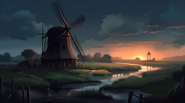 windmill at sunset. Illustration. Generative AI