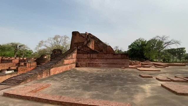 Wide shot of ruins of Nalanda University Bihar, India
