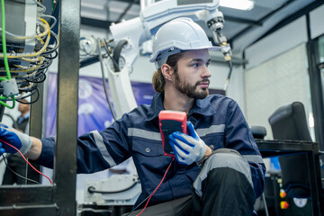 Technical engineer using measuring equipment to checking electrical current voltage.