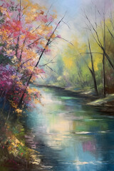 Springtime Bliss: A Magnificent Painting of Pink Blossoming Trees Along a River in Full Color Splendor