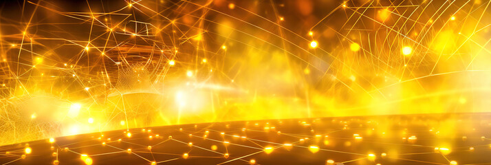 Fototapeta na wymiar Banner gold tech futuristic web, science and technology, golden glowing rays with flickering particles, lines, dots, glitter effect on dark background. generative ai.