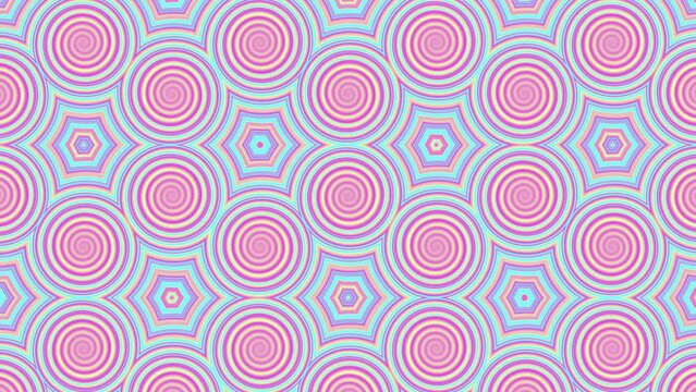 Circle hexagon shapes groovy pattern. Hypnotic glow colorful spiral animation. Retro style psychedelic wallpaper. Shiny element with lollipop texture. Light neon rainbow yellow blue pink background