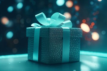 a gift in turquoise colors, nice bokeh in the background. Generative AI