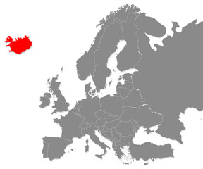 Map of Iceland highligted with red in Europe map