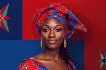 Haitian heritage month, Haiti person with red and blue patterned background, created with generative ai