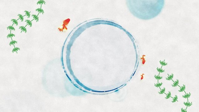 丸いフレームの周囲を回る3匹の金魚・波紋と水草のイラストアニメーション【和風素材】【ループ】