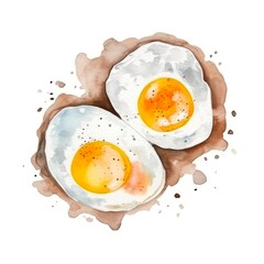 Watercolor illustration of two fried eggs on white background. Generative AI.