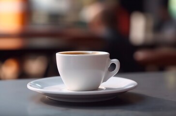 Cup of coffee on a table in front of abstract blurred background of cafe. Generative AI.