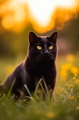 Naklejka na ściany i meble Adorable black cat is walking outdoor. Generative AI.