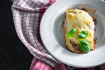 lasagna classic dish bechamel sauce, minced meat, grated cheese healthy meal food snack on the table copy space food background rustic top view