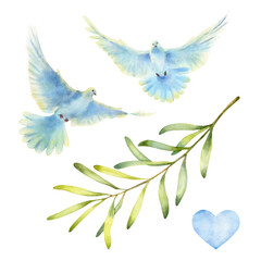 Watercolor set of flying doves, olive branch and heart isolated on a white background.