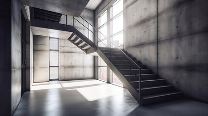 Concrete interior with large staircase and sunlight - Generative ai