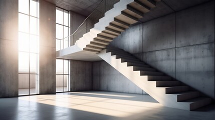 Modern concrete interior with empty room and staircase - Generative ai