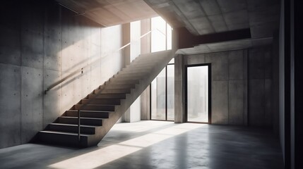 Interior with concrete staircase and sunlight from windows - Generative ai