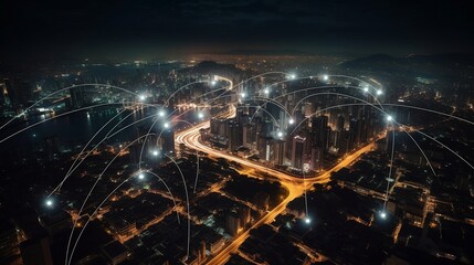 Obraz na płótnie Canvas Aerial Panorama of a Smart City at Night - Generative ai