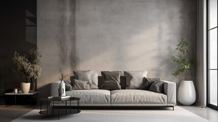 Sleek Gray Sofa in a Modern Concrete Stucco Living Room - Generative ai