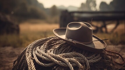 A Close-up of a Cowboy's Hat and Rope - Generative ai - obrazy, fototapety, plakaty