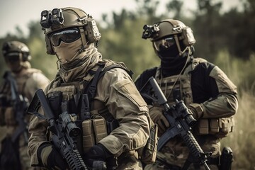 Fototapeta premium Soldiers in action with tactical gear outdoors - Generative ai