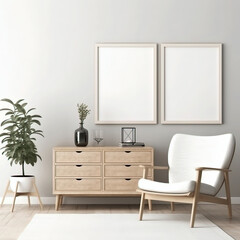 Two Vertical Blank Picture Frame Mockup on White Wall, White Living Room