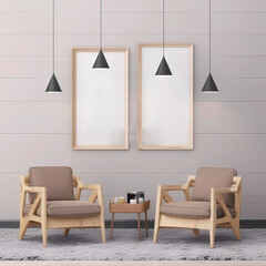 Two Vertical Blank Picture Frame Mockup on White Wall, White Living Room