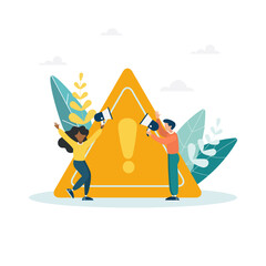 Important announcements, attention or warning information, breaking news or urgent messages, vigilance and caution concept. The guy and the girl announce by megaphone with an exclamation point of atte