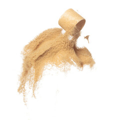 Cosmetic container white bottle fly splashing in mid air. Moisturizer lotion cream bottle explosion flying with sand powder dust under dry sun. White background isolated high speed shutter freeze