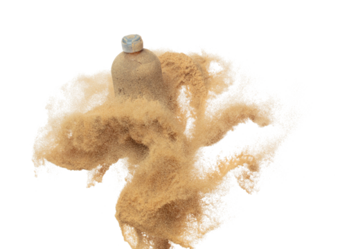 Cosmetic container white bottle fly splashing in mid air. Moisturizer lotion cream bottle explosion flying with sand powder dust under dry sun. White background isolated high speed shutter freeze