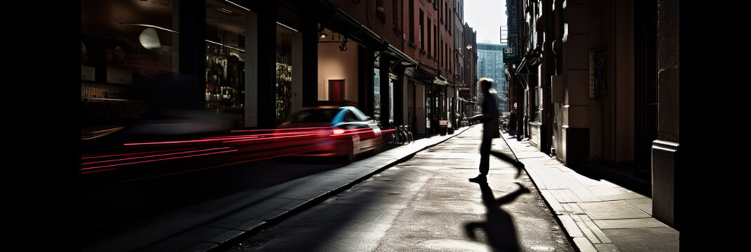 A man walking down a street next to tall buildings. AI generative image . Motion blur.