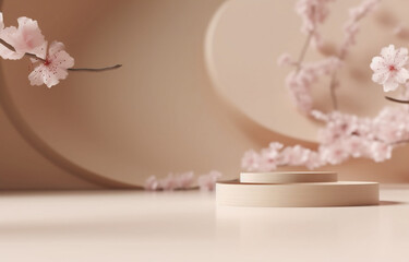 3D background, beige podium display. Sakura pink flower tree branch. Cosmetic or beauty product promotion step floral pedestal. Abstract minimal advertise. Copy space spring mockup. (AI generated)