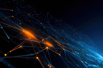 Obraz premium black blue orange tech futuristic background, light, abstract glowing rays with flickering particles, plasma clot of energy, lines, dots, science and technology, network, generative ai.
