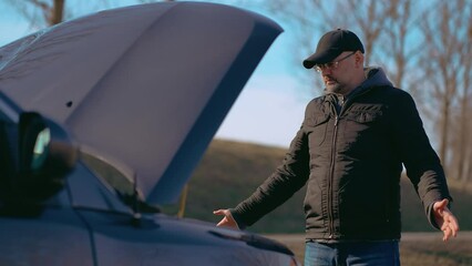Frustrated man beside broken car with open hood spreads hands to sides not knowing what to do in tiring situation. Exhausted and stressed driver. Male on road with problem emergency insurance auto