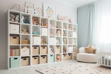 White nursery room with shelves and colourful boxes. Generative AI
