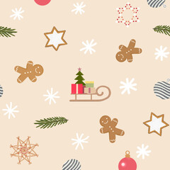 seamless pattern in Christmas theme with toys, gingerbreads, sweets, snowflakes 