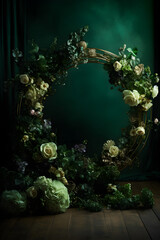 Obraz na płótnie Canvas Create a Dreamy Studio Vibe with Black Gradient Background and Green Flower Arch Overlay - Elevate Your Photography Game
