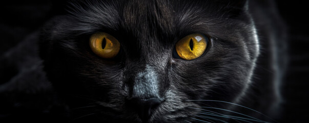 Beautiful black cat with captivating yellow eyes staring into the camera, giving a sense of danger and excitement. Is AI Generative.