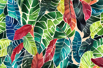 Watercolor painting of colorful tropic abstract leaves. Generative AI.
