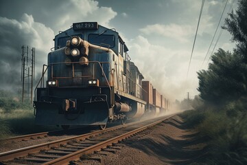 Fototapeta na wymiar long cargo train with locomotive rides and raises cloud dust. Generative AI